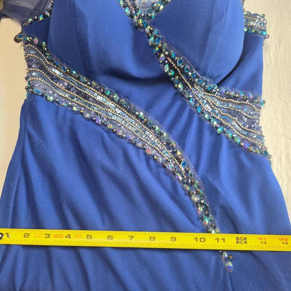 TONY BOWLS Blue Beaded One Shoulder Prom Gown - Picture 16 of 16
